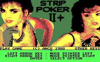 The title screen displays two pixelated female faces with exaggerated makeup against a black background, positioned on either side of large green text reading 'STRIP POKER II +'. Below the title, a menu lists options including 'PLAY GAME', 'LEFT ARROW HEX', 'RIGHT ARROW HEX', 'UP ARROW', and 'DOWN ARROW', along with movement and selection instructions. The copyright line shows '(C) ANCO 1988' with 'OTHER KEYS' noted at the bottom right. The color palette features bright yellows, pinks, greens, and red tones typical of 8-bit DOS graphics.