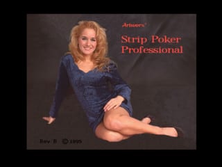 A blonde woman in a dark blue sweater sits against a dark gray background with her legs extended. Red text reading 'Strip Poker Professional' appears in the upper right corner, with 'Artworx' above it. The text 'Rev. B' and '© 1995' is positioned in the lower left. The image has the appearance of promotional artwork rather than an in-game screenshot.