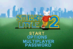 The title screen displays "Stuart Little 2" in yellow text with a red mouse character positioned to the right of the logo. Behind the text, a green grassy foreground transitions to a blue cityscape skyline. Below the title, white menu options read "Start Game", "Multiplayer", and "Password" stacked vertically. The background uses a two-color palette of green and blue with simple pixel-art styling typical of Game Boy Advance graphics.