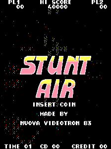The title screen displays "STUNT AIR" in large pink and yellow gradient lettering centered on a black background with scattered white pixel noise. Below the title, white text reads "INSERT COIN" and "MADE BY NUOVA VIDEOTRON 83". The top of the screen shows "PL1" and "HI_SCORE 40000" on the left, with "PL2" on the right. The bottom displays "TIME 01 CD 60 CREDIT 00" in white text. The overall aesthetic uses a simple 8-bit arcade style with minimal color palette.