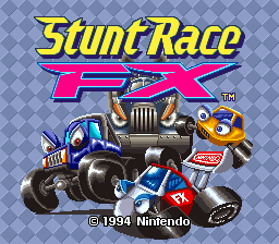 The title screen displays 'Stunt Race FX' in large yellow letters at the top center, with a magenta 'FX' stylized graphic below. A pixelated black jeep with large tires is positioned in the center-left, accompanied by a small yellow helicopter to its right. Blue and red spherical objects surround the vehicles. The background features a diagonal diamond-pattern in shades of blue and purple. A copyright notice reading '© 1994 Nintendo' appears in the lower-left corner in yellow text.