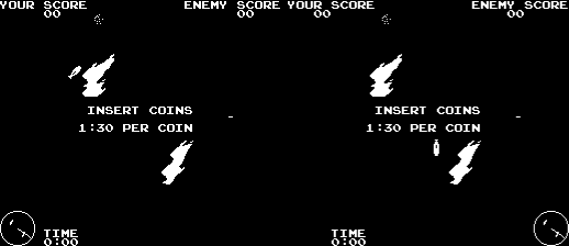 A two-player arcade screen layout displays score information at the top for both players on the left and right sides. The word "TIME" appears in the bottom corners with circular timer indicators. Two white lightning bolt or rocket-shaped graphics are centered vertically in the middle of the screen. Text reading "INSERT COINS" and "1:30 PER COIN" appears twice, once centered and once on the right side, against a black background. The display uses simple white vector-style graphics typical of 1977 arcade hardware.