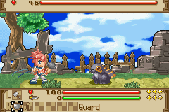 A colorful village scene with 2D pixel sprites shows a character in the center-left of a grassy outdoor area surrounded by buildings and NPCs. The sky displays blue clouds and green foliage in the background. A UI panel at the bottom displays character stats and a "Guard" label. The top-left corner shows health or status bars in red and blue. The art style uses bright colors typical of Game Boy Advance graphics with detailed sprite work and layered backgrounds.