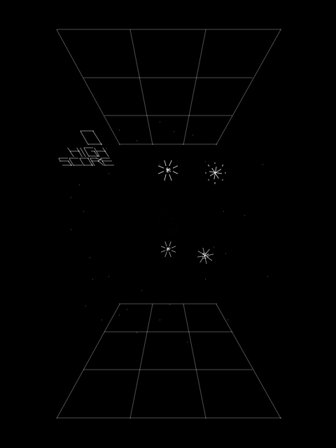A black background displays two trapezoid-shaped grid structures rendered in light gray vector lines—one at the top and one at the bottom, both divided into nine rectangular cells. Four small asterisk-like star symbols are scattered in the center of the screen between the two shapes. On the left side, a small geometric pattern of rectangular outlines appears, resembling a simplified spacecraft or game element.