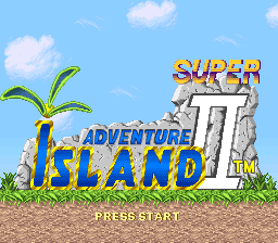 The title screen features large colorful text reading "SUPER ADVENTURE ISLAND" in yellow and blue letters positioned centrally. A pixelated palm tree stands on the left side of the screen against a bright blue sky with white clouds. To the right of the title text sits a stone tiki-like structure. The ground is rendered in brown and tan pixels. At the bottom of the screen, white text reads "PRESS START" in a simple bitmap font. The overall art style uses SNES-era sprite graphics and a limited color palette typical of 16-bit hardware.
