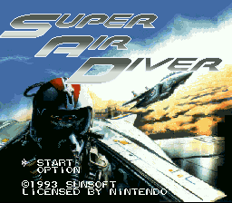 The title screen displays 'SUPER AIR DIVER' in large metallic gold lettering across the upper portion. Below the title, a pilot in a dark flight suit and helmet is shown in close-up on the left side, positioned in front of a military aircraft in flight over a desert landscape with sandy dunes and brown terrain. A second fighter jet appears in the background at an angle. The sky is bright blue with white clouds. Menu options 'START' and 'OPTION' appear in white text in the lower left corner, with copyright text '© 1993 SEDSPE' and 'NINTENDO' displayed at the bottom. The image uses SNES-era sprite graphics and a 16-bit color palette.
