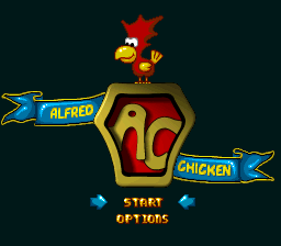 The title screen features a large golden hexagonal shield logo with red interior containing a stylized yellow chicken character wearing a red crown, positioned in the center. Blue ribbon banners extend left and right from the shield, labeled "ALFRED" and "CHICKEN" respectively. Below the shield, yellow text reads "START" and "OPTIONS" in a pixelated font, flanked by small blue diamond shapes. The background is a dark teal gradient, typical of 16-bit console graphics with minimal animation elements visible.