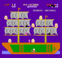 A purple-background game level displays a large wooden ship at the bottom with two brown masts and tan sails. A small character sprite stands on the ship's deck. Above the vessel, stacked crates arranged in rows form the main platforming structure, with yellow vertical and horizontal beams connecting them. Two lantern sprites flank the stack on either side. The top of the screen shows a horizontal HUD with score (20000), bonus display, and remaining life count in pixelated 8-bit text. Brown wooden railings and a yellow-striped section beneath the ship complete the scene in typical NES-era sprite and color palette styling.