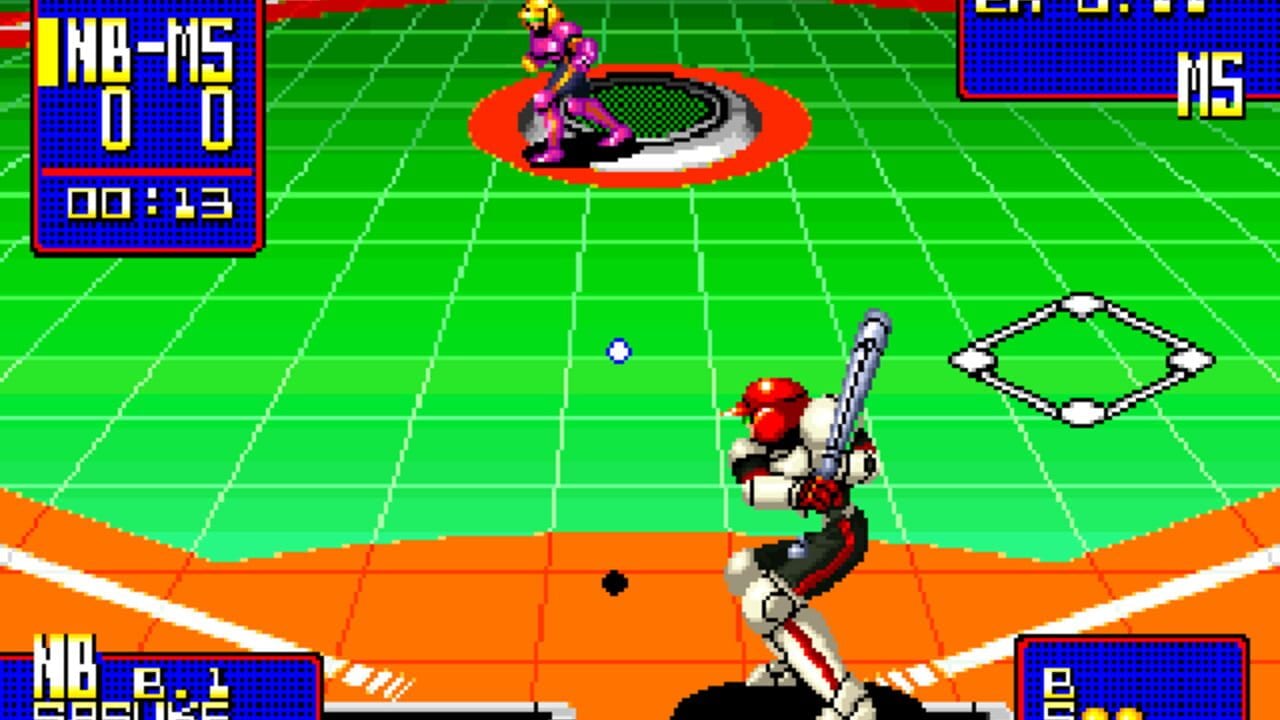 A baseball player in red helmet and white uniform stands at bat in the foreground, holding a bat at shoulder height. In the background, an opponent in pink and purple cyborg armor crouches on an elevated circular platform. The playing field features a bright green grid pattern with orange base paths at the bottom. Score panels display on the left showing HB-115, 0-0, and 00:13 time remaining, and on the right showing M5 and B stats. A small diamond-shaped marker is visible on the right side of the field. The overall visual style uses bright 16-bit sprite graphics with a isometric perspective view of the baseball stadium.