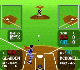 A baseball game interface displays a bright green field with a batter in blue mid-swing and a pitcher in red mid-delivery on a brown pitcher's mound. Two fielding positions are shown in brown boxes at the upper left and right corners. The bottom UI panel shows the batter's name "ODDEN" with stats "HRS: 247" on the left, and pitcher "CRU McDONELL" with stats "ERA: 5.40" on the right. The center scoreboard indicates "1." inning, "BALL 0," "STRIKES 0," and "OUTS 0" with "TOP" and "MUN:0 CHI:0" displayed above.