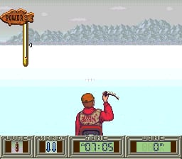 A fisherman in a red shirt stands on a boat, holding a fishing rod raised above his head. Snow-capped mountains appear in the background across a light blue water surface. A wooden sign with fishing-related iconography floats in the upper left. The HUD at bottom displays a timer reading 03:09, a temperature gauge at 0°, and additional status information in segmented panels. The sprite-based graphics use a limited color palette typical of early 16-bit fishing games.