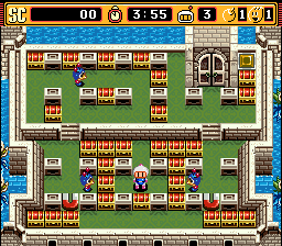 A symmetrical two-stage bomb-laying arena displayed in an overhead view. The upper and lower stages each contain a grid of destructible wooden crates interspersed with indestructible stone blocks, arranged in a regular pattern. A player character and several enemy characters are positioned across both stages. The HUD at the top shows score (00), time remaining (3:55), power-up icons, and status indicators in a horizontal bar. The sprite-based graphics use bright primary colors and 16-bit resolution typical of early SNES games. The background features decorative brick textures framing the play areas.
