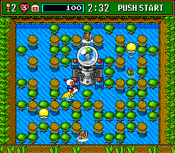 A blue square arena with a green border contains a white Bomberman sprite in the center, surrounded by a grid of yellow and green spherical bombs or obstacles. The HUD displays a score of 100 at top-left, time 2:32, and a "PUSH START" prompt at top-right. The playfield uses 16-bit SNES-era pixel graphics with bright primary colors and shows a symmetrical grid layout typical of Bomberman gameplay arenas.