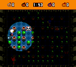 A circular arrangement of Bombermen characters occupies the left-center of a dark arena scattered with small green and red pellets. The top UI displays three coin counters on the left, center time counter showing 1:53, and three more coin counters on the right, all reading zero. Vertical green pillars frame the left and right edges of the playfield. The sprites are rendered in bright primary colors against a black background with visible pixelation typical of 16-bit graphics.