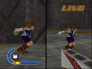 A split-screen bowling game display showing two perspectives of a female bowler in a blue outfit. On the left, the bowler holds a green ball overhead in a windup pose, with a blue HUD element in the lower-left corner. On the right, the same character releases the ball down a lane with red gutters visible at the bottom. Both scenes use low-poly 3D graphics typical of Nintendo 64 games, set against a textured grey industrial background. The word LIVE appears in yellow text in the upper right.