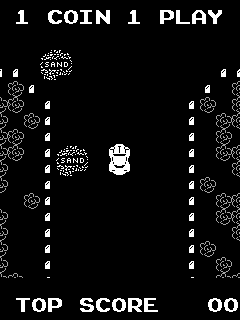 A black screen with white text and pixel graphics displays the arcade game interface. At the top, "1 COIN 1 PLAY" appears in white text. The center features a white pixelated insect sprite surrounded by decorative gear or mechanical wheel graphics arranged in vertical columns on both sides. Below the insect, white text reads "TOP SCORE" on the left and "00" on the right, displaying the score counter. The overall composition uses a symmetrical layout with a minimal color palette of black background and white elements typical of 1977 arcade graphics.