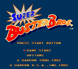 The title screen displays a large red and yellow logo reading 'SUPER BUSTER BROS' with blue star burst effects behind it, set against a dark blue background. Below the logo, yellow text reads 'PRESS START BUTTON' followed by a menu listing '1 GAME START', '2 OPTIONS', and '3 DAEMON 1990, 1992' in gold lettering. Copyright information '© CAPCOM 1990, 1992' and '© SUN ELECTRONICS 1992' appears at the bottom in smaller text. The overall aesthetic uses bright primary colors and pixel-based typography typical of early 1990s SNES games.