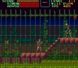 A whip-wielding character stands on brown stone platforms arranged diagonally across a forest level with green vegetation and wooden structures. The HUD displays score and level information in red text at the top left, with a life counter showing 250 on the upper right. The background features layered parallax scrolling with distant trees and sky in purple and dark tones. Brick platforms, wooden scaffolding, and torches populate the mid-ground. The sprite-based graphics use a 16-bit color palette with detailed animation frames for the character's idle pose.
