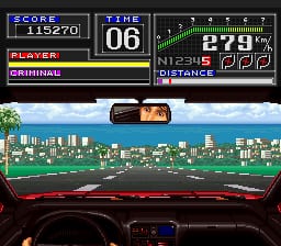 A top-down racing view shows a red sports car on a highway with a city skyline visible in the background using parallax scrolling. The HUD displays score 115270 in the upper left, time remaining 06 at top center, and a speedometer reading 279 in the upper right. Yellow text shows "POWER" and "ORIGINAL" designations on the left side. The dashboard and windshield frame the bottom of the screen in dark colors, creating a cockpit perspective effect typical of early-1990s SNES arcade racing games.