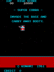 The title screen displays cyan text reading "SUPER COBRA" centered on a black starfield background. Below that, white text instructs "INVADE THE BASE AND CARRY AWAY BOOTY." A small red and blue pixel sprite of a helicopter hovers in the center. At the bottom, a red brick pattern forms a ground line, with cyan text showing "PLAY START" and scoring information. The interface uses a low-resolution pixel art style typical of early 1980s arcade games.