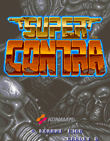 The title screen displays "SUPER CONTRA" in large orange and blue pixelated letters centered on the screen. Above the title, a smaller blue banner reads "SUPER" in a distinct arcade font. Behind the text, a gray stone background features embossed military-themed imagery including soldiers and weapons. At the bottom, white text reads "KONAMI" with copyright information showing "(C) 1988" and "1 PLAYER 1 2PLAYER" options below. The visual style uses a limited color palette typical of mid-1980s arcade hardware with crisp sprite-based graphics.