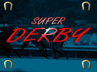The title screen displays 'SUPER DERBY' in large red italicized text with a white outline, centered against a dark blue background. The word 'SUPER' appears smaller above in lighter red text. Four gold horseshoe icons are positioned in the corners of the screen—one in each corner. Behind the text, a blurred image of a horse and jockey is faintly visible, suggesting racing action.