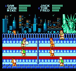 A dodgeball arena viewed from the side shows two teams of players positioned on tiered blue platforms separated by a center line. The upper portion displays a cityscape with tall buildings in blue and cyan tones. Player names SAM, MIKE, JACK, and FRED appear at the top with health bars rendered as green vertical segments. Multiple characters in red and yellow uniforms stand across four horizontal platform levels, with a white ball visible in the middle area. The pixel art uses a bright NES-era color palette with blue water patterns filling the bottom of the screen.