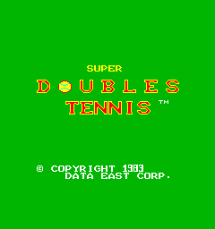 The title screen displays 'SUPER DOUBLES TENNIS' in large pixelated letters with alternating red and yellow coloring against a bright green background. Below the title, a trademark symbol appears in small text. At the bottom, white text reads '© COPYRIGHT 1993 DATA EAST CORP.' in two lines. The overall layout is centered and uses the characteristic blocky pixel font typical of early 1980s arcade games.