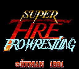 The title screen displays "SUPER FIRE PRO WRESTLING" in large yellow and red italicized lettering centered on a black background. A red diagonal banner streaks across behind the text. Below the main title, "PROWRESTLING" appears in cyan blue. At the bottom, the developer credit reads "©HUMAN 1991" in orange and white text on a dark background. The overall design uses a simple color scheme of red, yellow, cyan, and black typical of early SNES title screens.