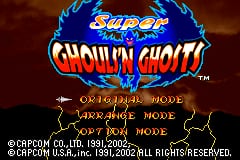 The title screen displays 'Super Ghouls'n Ghosts' in large blue and red letters at the top center, with a blue ornamental arch above it. Below the title are four menu options in white text: 'ORIGINAL MODE', 'ARCADE MODE', 'SURVIVAL MODE', and 'TIME MODE'. The background is dark red with lightning bolt graphics flanking the sides. Copyright text for Capcom appears at the bottom, dated 1991-2002. The overall visual style uses 16-bit sprite graphics with a dark fantasy color palette.