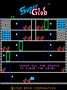 The title screen displays 'Super Glob' in blue stylized lettering at the top. Below is a grid-based maze layout with blue and white checkerboard sections, black walls, and bright cyan/magenta colored pixel sprites representing characters scattered throughout multiple rooms. At the bottom, yellow text reads 'MUNCH ALL THE SNACKS TO CLEAR THE LEVEL' with a small character sprite visible in the lower-left corner. The copyright text '© 1983 EPOS CORPORATION' appears at the bottom in yellow. A white film-strip border frames the entire screen.