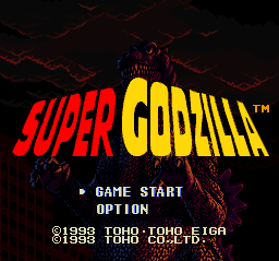 The title screen displays 'SUPER GODZILLA' in large red and yellow pixelated lettering against a dark background with red lightning effects. Below the title are two menu options: 'GAME START' and 'OPTION' in white text. At the bottom, copyright text reads '©1988 TOHO·TOHO·EIGA' in small white font. The sprite-based visuals use a limited color palette typical of SNES graphics, with a jagged monster silhouette visible in the background behind the crackling red electrical effects.
