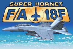 The title screen displays the game logo "SUPER HORNET FA-18F" in large gold letters with a blue military jet in the center. The jet is rendered in light blue against a bright blue ocean background with white wave details. A small black silhouette of a jet appears within the letter 'O' in the logo. The background uses a pixelated wave pattern typical of GBA-era graphics. The overall composition centers on the aircraft and branding text against a scenic seascape backdrop.