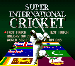 The title screen displays "SUPER INTERNATIONAL CRICKET" in large green capital letters at the top center. Below the title, four menu options are listed in yellow text: "FIRST MATCH", "TEST MATCH", "ONE DAY MATCH", and "WORLD SERIES". The background shows a dark green field with six flag graphics representing different cricket-playing nations arranged in two rows, including flags for Australia, Pakistan, Sri Lanka, and others rendered in bright pixelated colors. A cricket player in batting stance appears in white and gray pixels in the upper right portion of the screen.