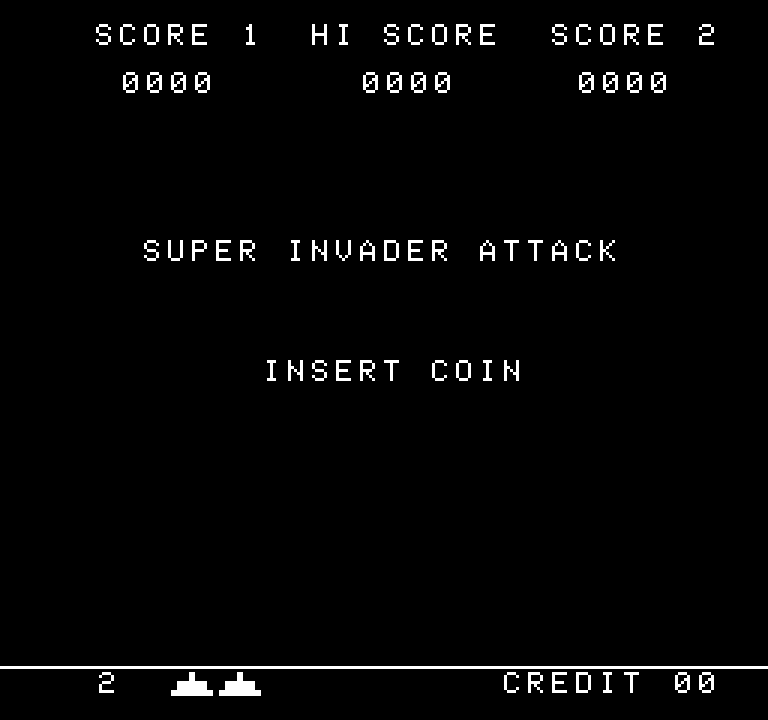A black arcade screen displays white pixel-based text reading "SUPER INVADER ATTACK" in the center, with "INSERT COIN" below it. The top of the screen shows a three-part score display: "SCORE 1" with value 0000 on the left, "HI SCORE" with value 0000 in the center, and "SCORE 2" with value 0000 on the right. At the bottom left, a small pixelated two-color spaceship sprite appears next to the number 2, while the bottom right corner shows "CREDIT 00" in white text. The overall layout is typical of late-1970s arcade cabinet title screens.