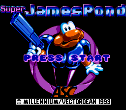 The title screen displays "Super James Pond" in large blue and pink letters at the top. A rotund orange character with a round body and small limbs is shown in the center, wearing orange coloring with blue accents and holding what appears to be a large blue gun or tool. Purple curved design elements frame the character on either side. Below the character, "PRESS START" appears in pink text. At the bottom, a copyright notice reads "© MILLENNIUM/VECTORDEAN 1993" in white text. The background is solid black, with the entire design rendered in 16-bit sprite style typical of SNES title screens.