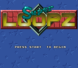 The Super Loopz title screen displays the game logo in large yellow and blue letters at the top center, with a teal diamond shape overlapping the text. Below the logo, the instruction "PRESS START TO BEGIN" appears in white pixel text on a blue starfield background filled with small star sprites scattered throughout the entire screen.
