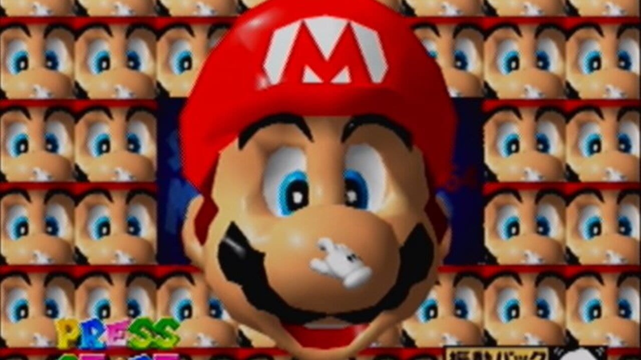A large close-up of Mario's face dominates the center, showing his characteristic red cap with white M logo, blue eyes, and black mustache. Behind him, a grid of smaller identical Mario head tiles fills the background in rows. The bottom left corner displays colorful letter blocks spelling out what appears to be game text. A dark blue vertical stripe divides the background on the left side. The overall composition is a 3D rendered character portrait against a tiled backdrop.