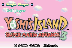 The title screen displays 'Yoshi's Island Super Mario Advance 3' in large yellow and red lettering centered on a pink background. Above the logo are two menu options in cyan text: 'Single Player' and 'Multiplayer,' each with small square brackets. White clouds appear scattered across the upper portion of the sky-blue background. A copyright notice reading '© 1995-2002 Nintendo' appears in small white text at the bottom center.