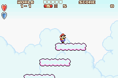 A character with red hair and dress stands on a purple platform in the upper-center of the screen against a light blue sky with white clouds. Two additional purple platforms are positioned below and to the left. A score display reading "POINTS 0" and "TIME 300" appears in the upper-left corner, with an icon resembling a flower power-up in the upper-right. The visual style uses pixel art sprites and a pastel color palette typical of Game Boy Advance titles.