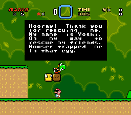 A dialog box displays a congratulatory message stating 'Hooray! Thank you for rescuing us! We're so happy. By the way, Princess Peach is in another castle. Bowser trapped me in my own castle.' Below the text, Mario stands on a green ground tile beside a brown chest sprite, with a brown brick platform visible to the left. The HUD shows time remaining and a score of 5 at the top. Green foliage and terrain fill the background.