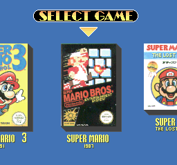 A blue background displays three game cartridge boxes arranged horizontally. On the left is Super Mario Bros. 3 with yellow packaging and Mario sprite artwork. The center box shows Super Mario Bros. with black background and red title text featuring Mario and game level imagery. On the right is Super Mario Bros. 2 with red and white packaging. Above the cartridges reads "SELECT GAME" in a yellow banner with black text and a downward-pointing arrow.