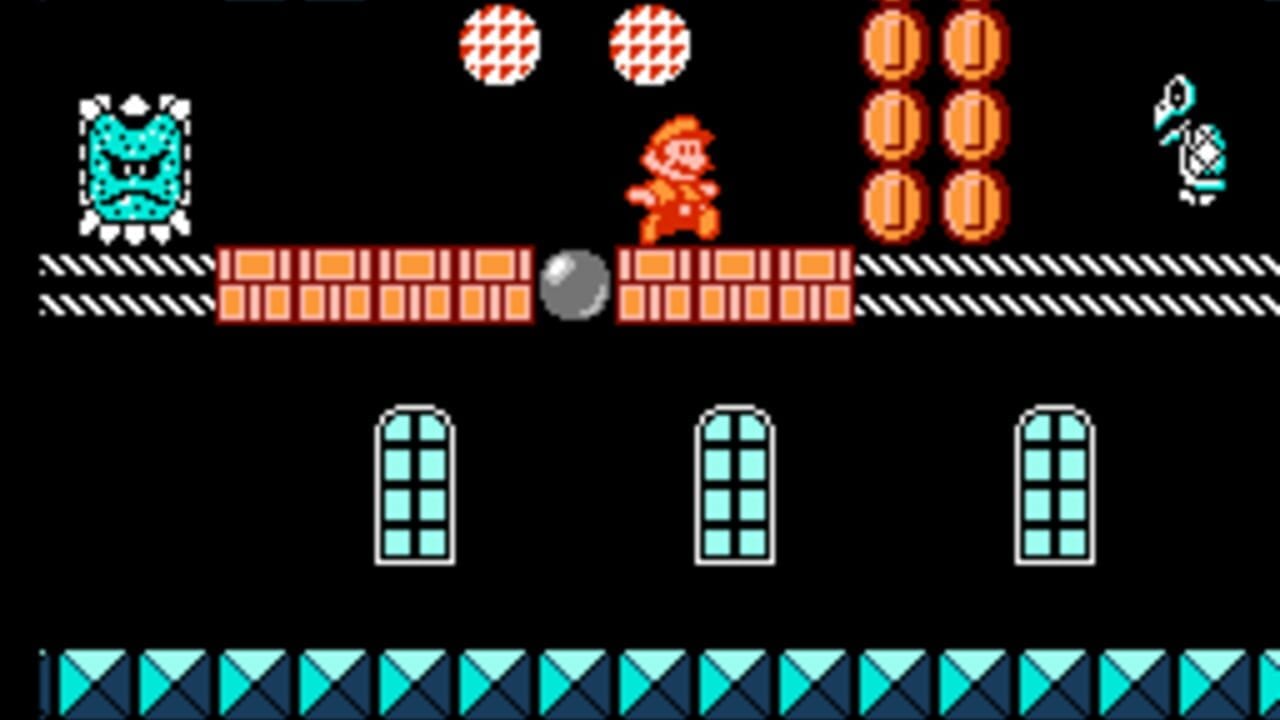 A pixelated NES-era platformer level displays a red character standing on a brick platform in the center. A cyan-colored enemy face icon appears in the upper left, while six orange potion bottles are stacked vertically on the right side. Two checkered pattern objects float above the platform. Three light blue windowed structures are positioned below on the ground level, with cyan triangular spike patterns forming the base. A gray sphere sits on the brick platform, and a small tool icon appears in the upper right corner. Black diagonal stripe borders frame both sides of the playable area against a black background.