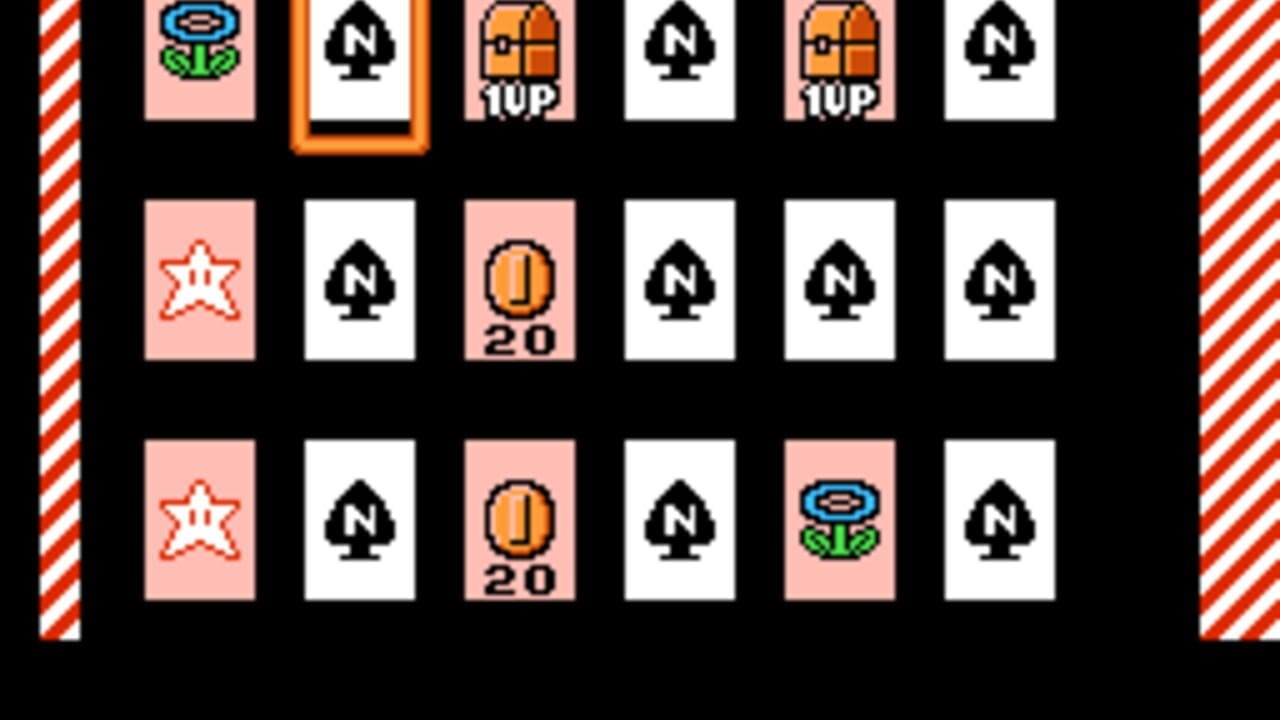 A grid-based level layout displays alternating pink and white squares arranged in three rows. Black spade symbols mark most squares, while others contain orange-boxed items labeled '1UP' at the top and coin icons with '20' values below. The left side features a red and white diagonal striped border. A blue-haloed green mushroom sprite appears in the center-right area, and an outlined star symbol is visible on the left squares. The top row shows a blue-haloed green mushroom, spade symbols, and orange-boxed '1UP' items across six columns with an orange border frame around one central element.