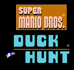 The Super Mario Bros. title logo appears in orange and white at the top, followed by the Duck Hunt title in cyan block letters below. A small pixelated duck sprite flies from left to right across the cyan text. The image uses a black background and displays the classic NES-era pixel art style typical of early 1990s game packaging.