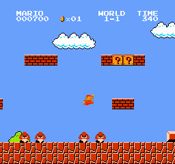 Mario, rendered as a small red-and-brown pixelated sprite, occupies the center-left of the screen mid-jump over a brown brick platform. Red brick blocks and question-mark blocks form the ground layer at the bottom, while a blue sky fills the background with white clouds. The top-left displays white text reading "MARIO 000700", "WORLD 1-01", "TIME 1-1", and "34" in the top-right corner. Several floating red brick platforms with question-mark blocks are scattered across the upper portion. A small brown creature appears on the right side of the frame. The entire image uses the characteristic low-resolution 8-bit sprite style with a limited color palette of red, brown, blue, white, and orange.
