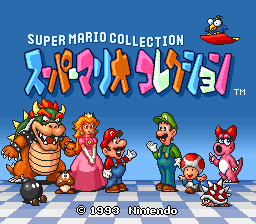 The title screen displays "Super Mario Collection" in large colorful pixelated letters across the upper half against a blue background. Below the title, six 8-bit sprite characters stand in a row on a white platform: Bowser on the left, followed by Princess Peach, two small toads, Luigi in green, and a Bomb-omb enemy on the right. A small red airship sprite appears in the upper right corner. Copyright text reading "© 1985 Nintendo" is centered at the bottom of the screen in white text.
