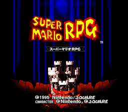 The title screen displays "SUPER MARIO RPG" in large golden-yellow pixelated text against a black background with vertical blue lines. Below the title, Japanese characters appear. A small sprite of Bowser's castle sits centered in the lower portion of the screen against red flame-like shapes. Copyright and credit text for Nintendo and Square appears at the bottom in small white text, identifying the SNES platform.