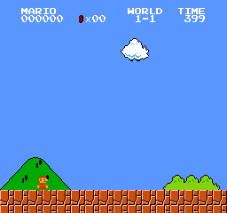 A blue sky fills the upper portion of the screen with a white cloud sprite centered near the top. The score display at the top left reads "MARIO 000000," with a coin counter showing "0" and "00" beside it. The right side displays "WORLD 1-1" and "TIME 399." Below the sky, a green hill with red-brick blocks forms the landscape, with additional green-topped brick platforms visible to the right. A small pixelated character sprite wearing red appears on the left side of the hill against the solid blue background.