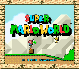 The title screen displays 'SUPER MARIO WORLD' in large, colorful pixelated letters at the top center. Below the title, Mario stands on green grass against a light blue sky with white clouds and tan mountains in the background. At the bottom left, white text reads '© 1990 Nintendo'. The overall art style features low-resolution SNES-era sprites and a simple landscape background with a tan brick border framing the entire screen.